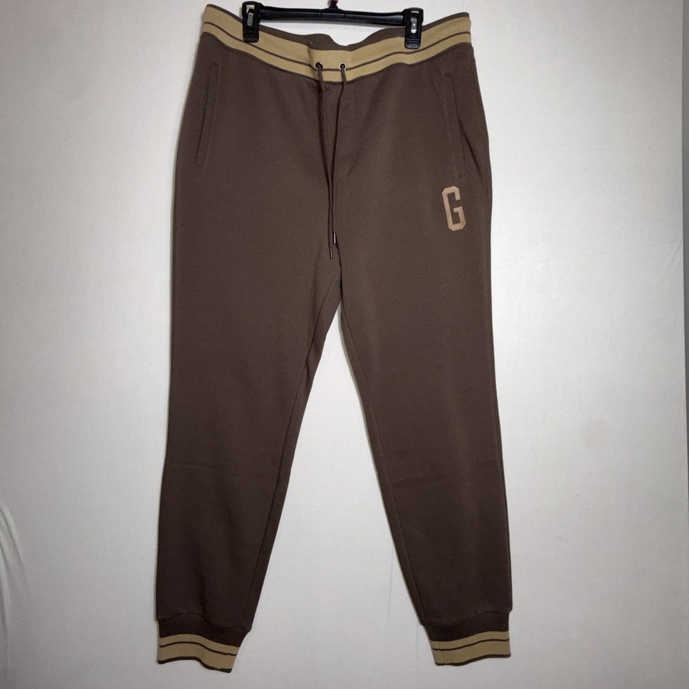 GUESS Los Angeles Mens Large Brown Tan Fleece Jogger Drawstring Waist Monogram G